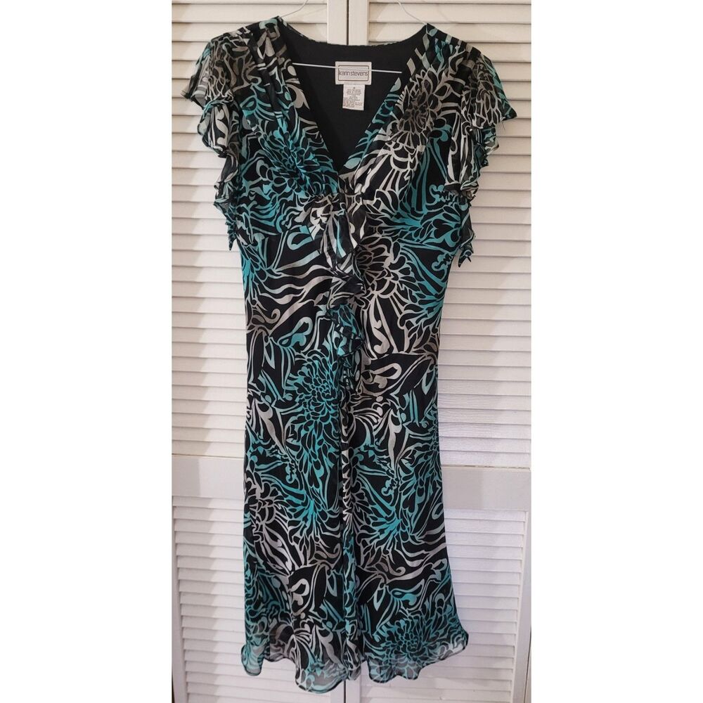 Karin Stevens Vintage Paisley Ruffle Midi Dress Size 14 Teal Black Abstract Y2K